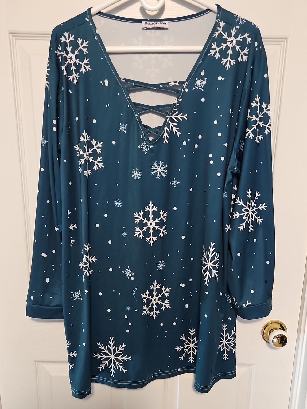 Women's Teal Snowflake Crisscross V-Neck Tunic